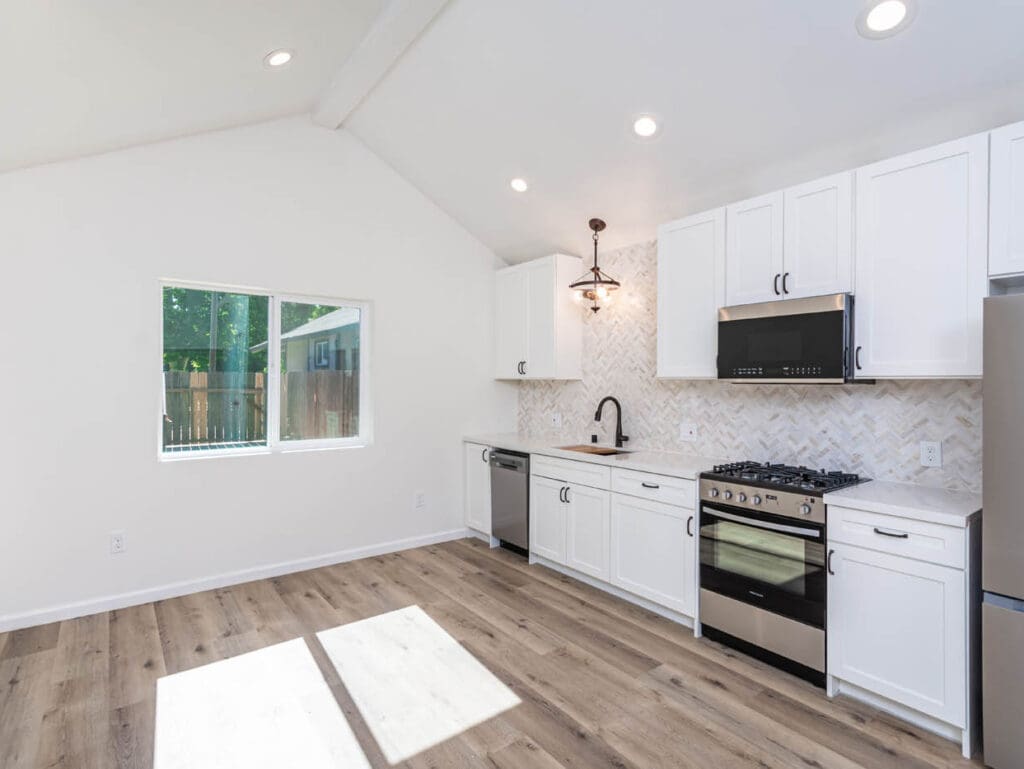 interior garage conversion with small kitchen